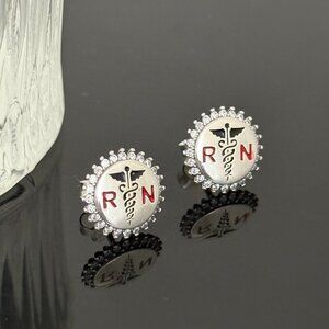 Registered Nurse RN Bling Earrings S925 Sterling Silver Handmade Ear Stud